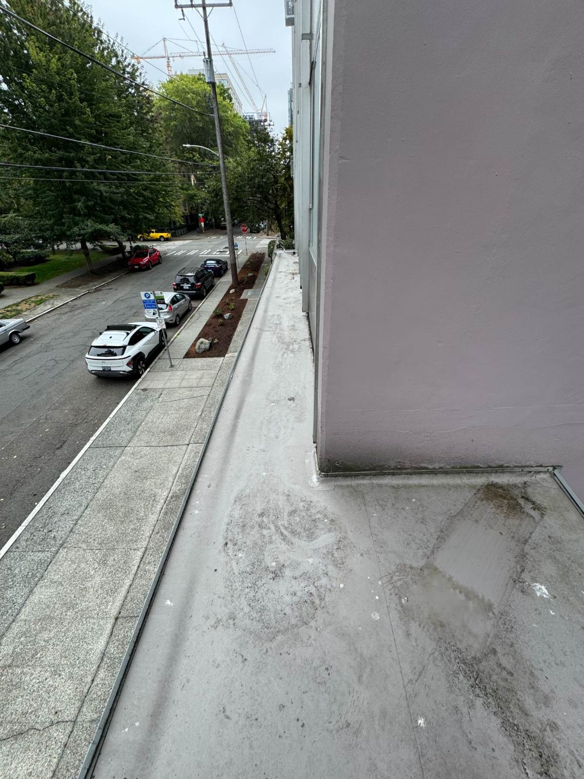 Flat roof surface covered in dirt, scuff marks, and debris before cleaning